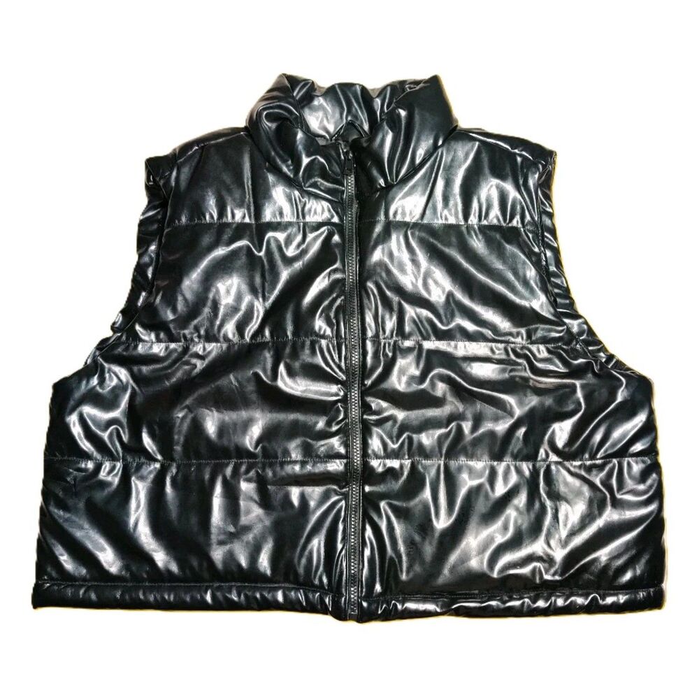 Taxi Premium Shiny Black Puffer Vest 2X PU Coated Sleeveless Zip Front Jacket